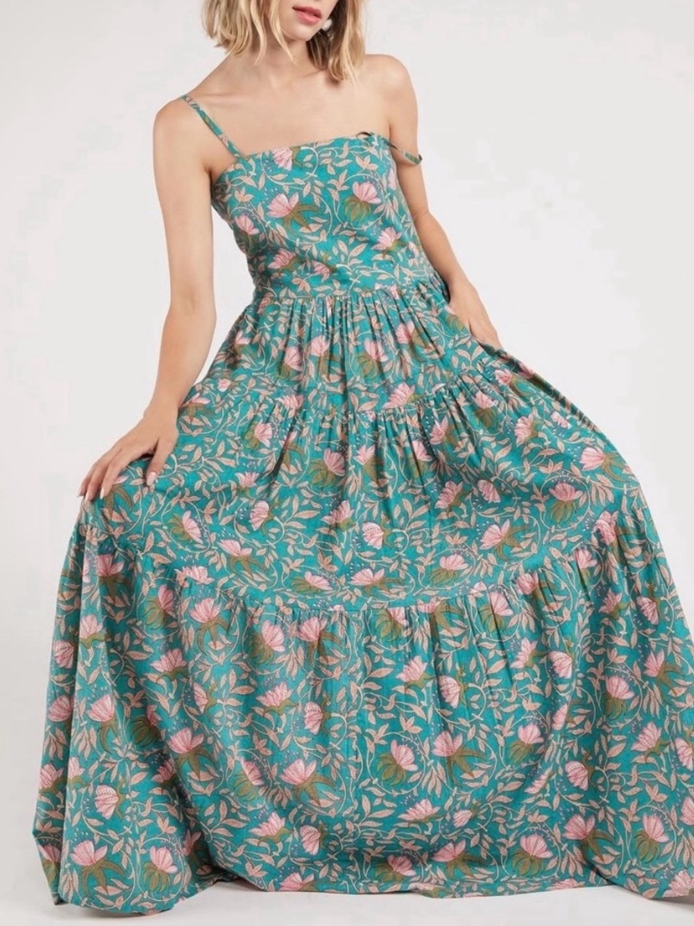 RAGA Block Print 100% Cotton Floral Maxi Dress Size S